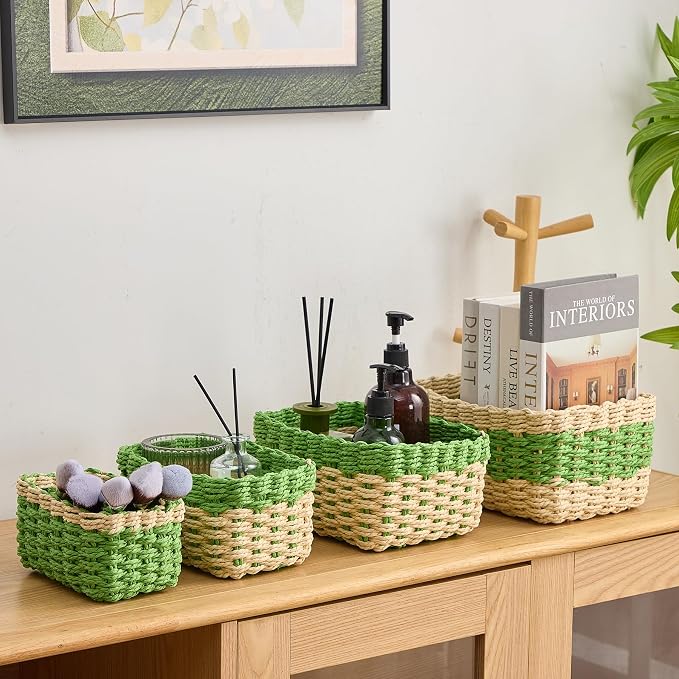 4PCS Woven Storage Baskets Set, Small Baskets for Organizing, Square Handwoven Paper Rope Organizer Bins for Shelves and Home Storage (Natural & Green)