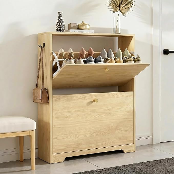 Nicetree Shoe Cabinet with 2 Flip Drawers, Narrow Shoe Organizer Cabinet, Freestanding Shoe Rack Cabinet, Modern Shoe Storage Cabinet for Entryway, Hallway, Foyer Natural Oak with Hook