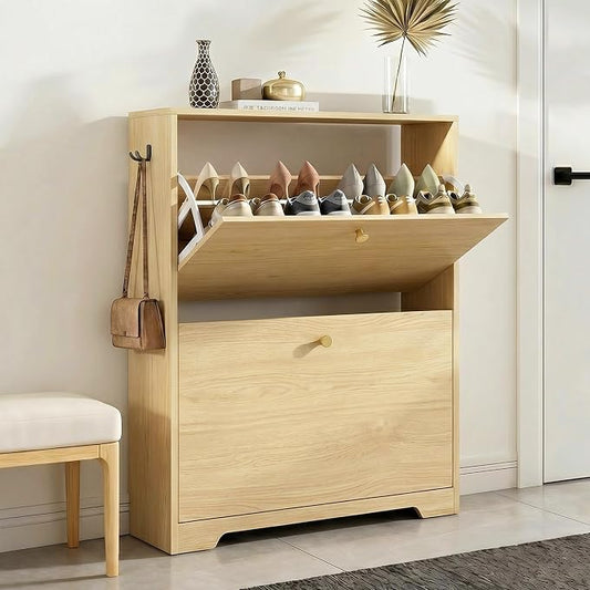 Nicetree Shoe Cabinet with 2 Flip Drawers, Narrow Shoe Organizer Cabinet, Freestanding Shoe Rack Cabinet, Modern Shoe Storage Cabinet for Entryway, Hallway, Foyer Natural Oak with Hook