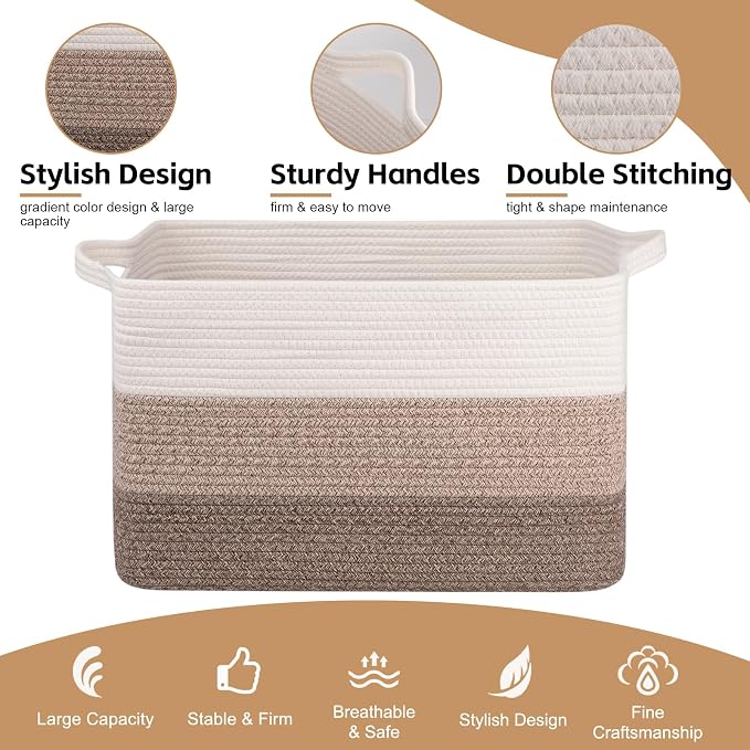 OIAHOMY Extra Large Blanket Basket, 95L Cotton Rope Woven Laundry Basket, Toy Bin for Baby Room, Container for Blanket Storage in Living Room, 24''×17''×14'', Gradient Brown