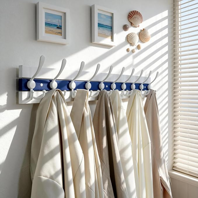 SKOLOO Coastal Coat Rack Wall Mount-38-1/8 Beach House Entryway Wooden Coat Hook with 10 Hooks for Hanging Coats, Hats or Towels, Oceanfront Cottage Core Collection, White & Blue, Pack of 2