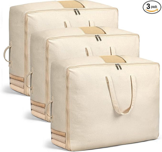Soft Canvas Storage Bags for Comforters, Blankets, Beddings, Quilt, Clothes | King/Queen Comforter Organizer, Cotton Canvas, 3 Pack, 4 Handles & 2 Clear Windows, Reinforced Zippers, 25x19x9in