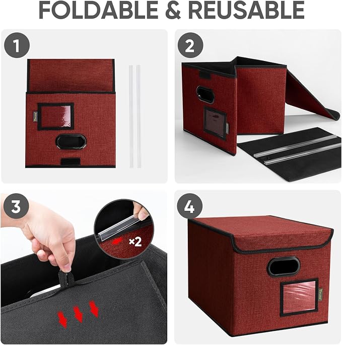 BALEINE Modern Red File Storage Box with Lid, Collapsible File Folder Organizer, 2 Pack, 15x12.5x10.5 inches