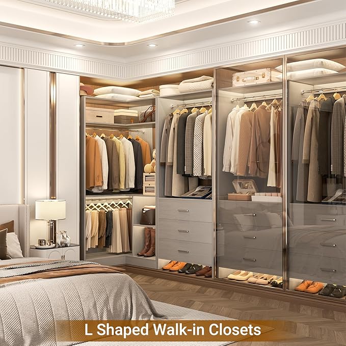 Aheaplus Closet System with 3 Drawers, 2 Hanging Rods & Corner Tower, Corner Closet System with Hanging, L-Shaped Walk-In Wardrobe Organizer, 1300+ lbs Capacity, Set of 2, Grey