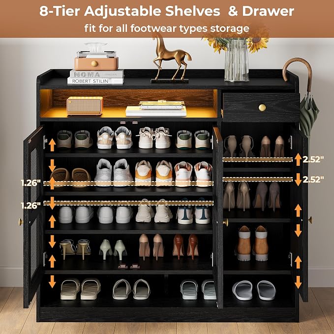 LIKIMIO Rattan Shoe Cabinet with 6-Tier Storage, 3 Doors & LED Light | 30 Pairs Shoe Storage Cabinet with Drawer, Adjustable Shelves, Shoe Rack Organizer for Entryway, Living Room, Black