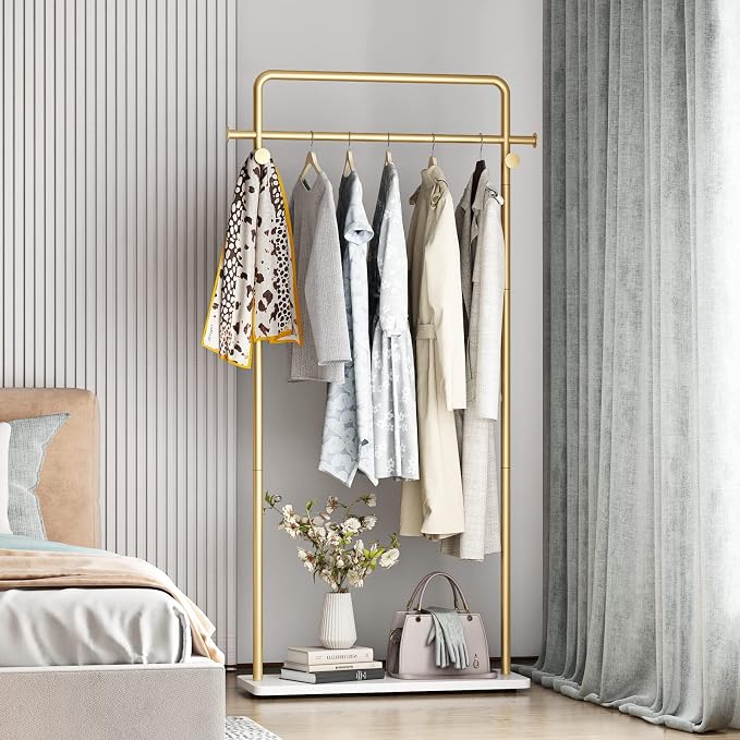 TIEOU Gold Coat Racks with Shelf, Heavy Duty Gold Clothing Racks for Boutiques, Free-Standing Metal Garment Rack for Hanging Clothes, Modern Clothes Rack Entryway