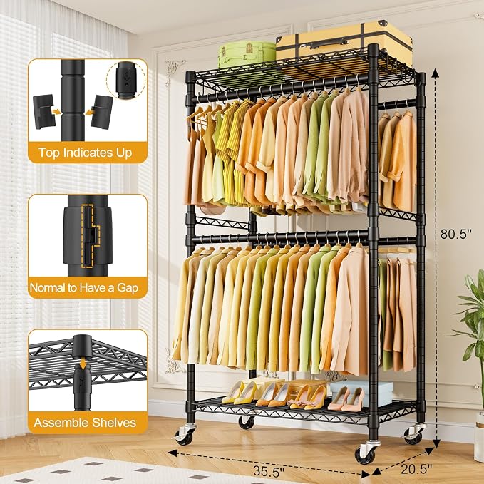 ULIFHOME P4 Rolling Clothes Rack, Clothing Racks for Hanging Clothes, Black | Heavy Duty Garment Rack with Wheels, 2-Tier Free Standing Portable Closet Racks 35.5''W × 20.5''D × 80.5''H, Max Load 560Lbs