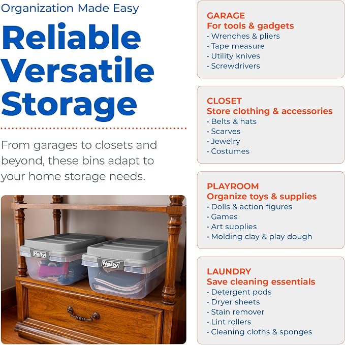 Hefty 18 Qt Hi-Rise Storage Bin with Lid, Stackable Plastic Storage Container, Organizer for Home, Garage & Closet, 8 Pack, Gray