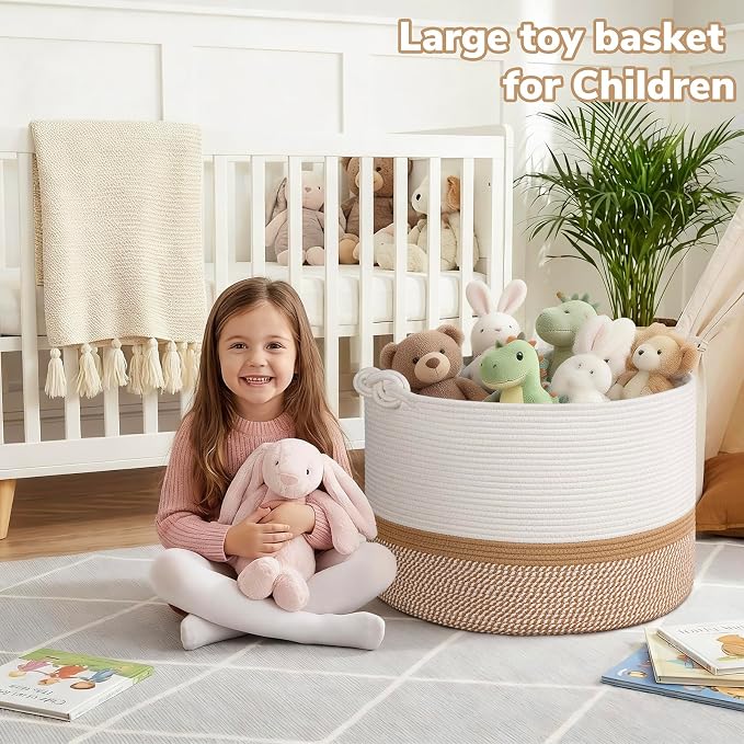 CherryNow 22"x22"x14" Large Blanket Basket, Home Décor for Living Room Bedroom, Cotton Rope Laundry Basket for Clothes Pillows, Baby Fall Decorations for Home Toy Storage, White & Camel