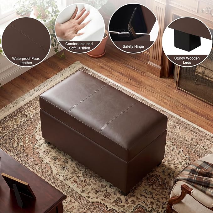 32" Leather Storage Ottoman Bench, Rectangle Foot Rest Stool for Living Room, Bedroom, Entryway, Brown