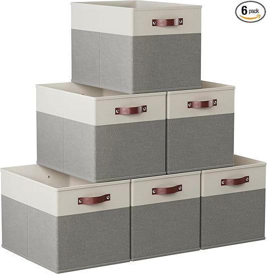 Ornavo Home 13x15x13 Foldable Fabric Storage Cube Bins, 6 Pack, White/Gray | Collapsible Linen Shelf Basket Organizer; Leather Handles; Fits Cube Storage Shelving Units