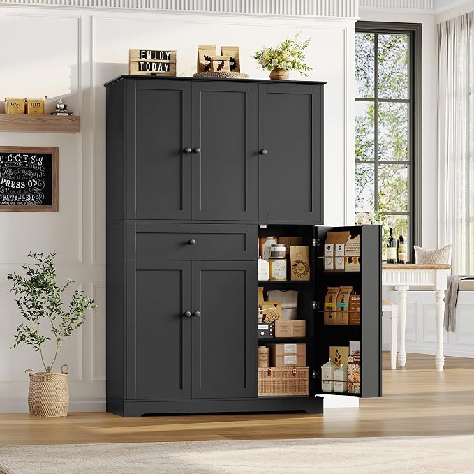 HOSTACK 68" Tall Kitchen Pantry Storage Cabinet with Doors & Shelves, Black | Large Pantry Cabinet with Door Rack, Freestanding Kitchen Storage Cabinet with Drawer, Food Pantry for Dining Living room