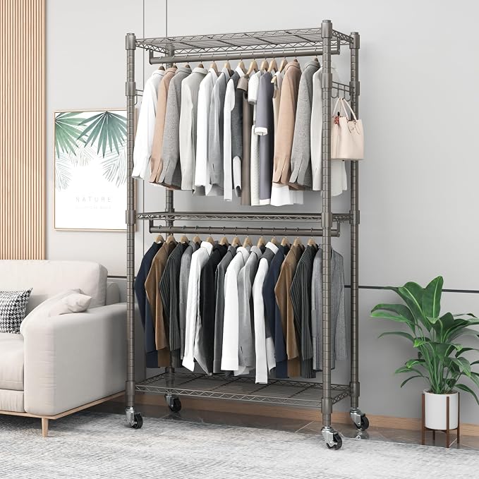BATHWA Clothes Racks for Hanging Clothes, 35.5" W x 16.5" D x 80.7" H, Rolling Tall Heavy Duty Wardrobe Rack with Shelves & Wheels Metal Freestanding Multifuctional for Bedroom Laundry balcony, Grey