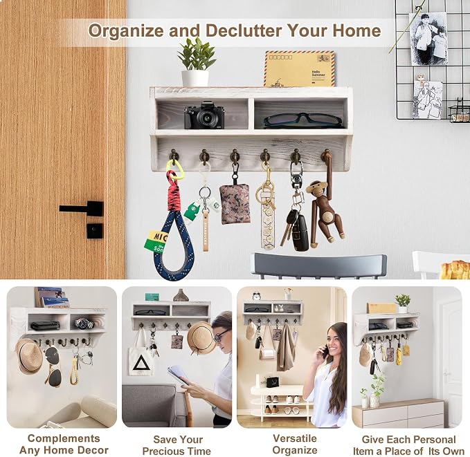 Key Holder Wall Mount with Mail Organizer, 6 Hooks & Shelf, White | Wood Key Holder Wall Mount with 6 Key Hooks, Shelf & Storage Box and Mail Organizer for Entryway, Apartment, Home and Office