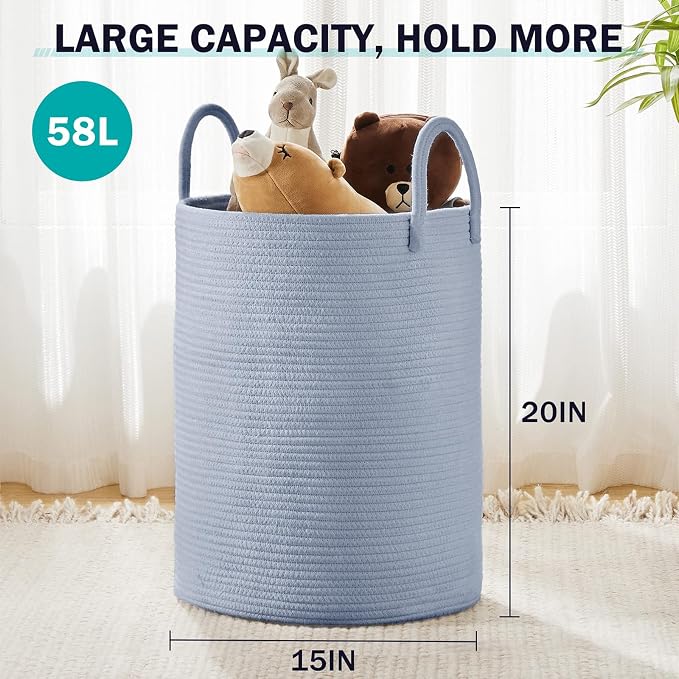 YOUDENOVA Cotton Rope Laundry Hamper Basket, 58L Blanket Basket for Nursery | Large Woven Laundry Hamper with Sturdy Handles, Collapsible Home Decor Laundry Basket for Laundry, Clothes, Toys in Bedroom