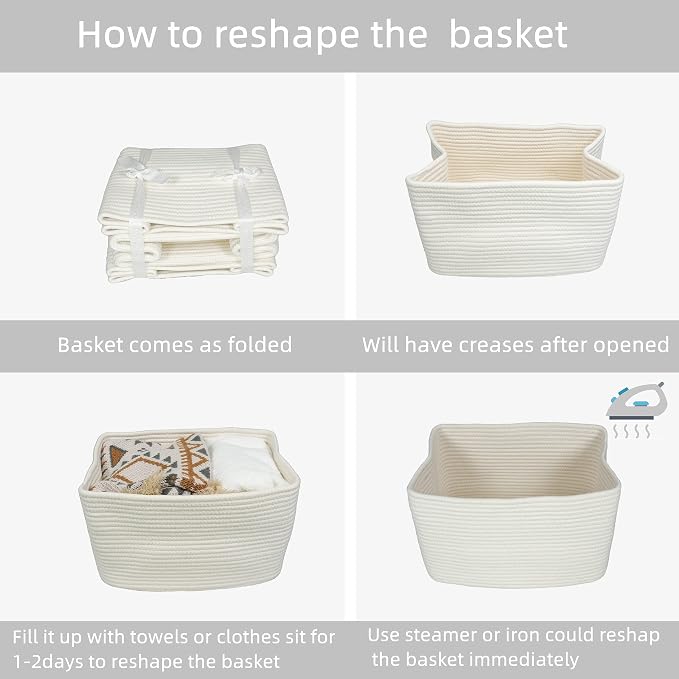 XUANGUO Woven Cotton Rope Storage Baskets 15x10x9.3" 3 Pack White | Decorative rectangular storage baskets for shelves and closets; storage bins organize clothes, toys, books and nursery items.
