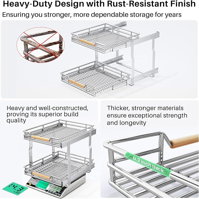 Pull out Cabinet Organizer, 2 Tiers 17"W X 21"D, Heavy Duty Smooth Sliding Under Cabinet Shelves for Pots and Pans, Full-Extension Roll out Drawers, Slide out Organization for Home Kitchen Pantry