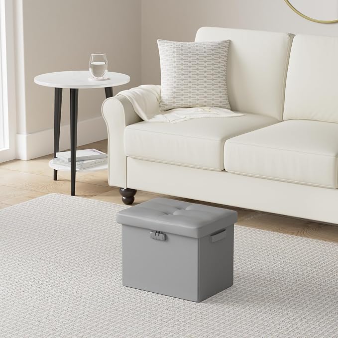 DocSafe Storage Ottoman with Lock,Fireproof Folding Ottoman Foot Rest Stool Storage Chest with Storage Safe for Important Documents,Waterproof 17 Inches Short Ottoman Foot Stool with Handles,Grey