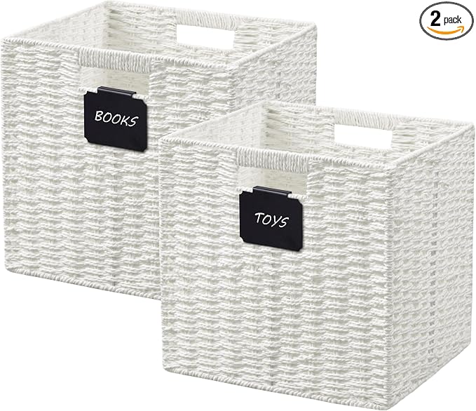 UBBCARE 2 Pack Wicker Basket, 10.5×10.5 Storage Cubes with Label, Foldable Cube Storage Bin with Handle, Square Storage Basket for Shelves, Woven Paper Rope Basket for Organizing, White
