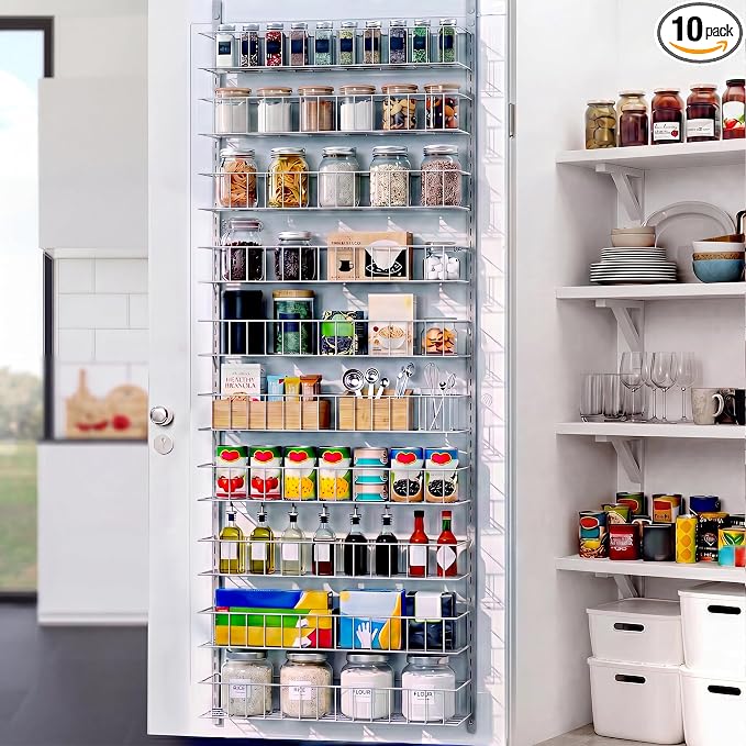ElegantArray 10-Tier Pantry Door Organizer, Light Gray | Over The Door Pantry Organizer Rack and Storage, Hanging Spice Rack Shelves Door, Home Office Laundry Room Bathroom & Kitchen
