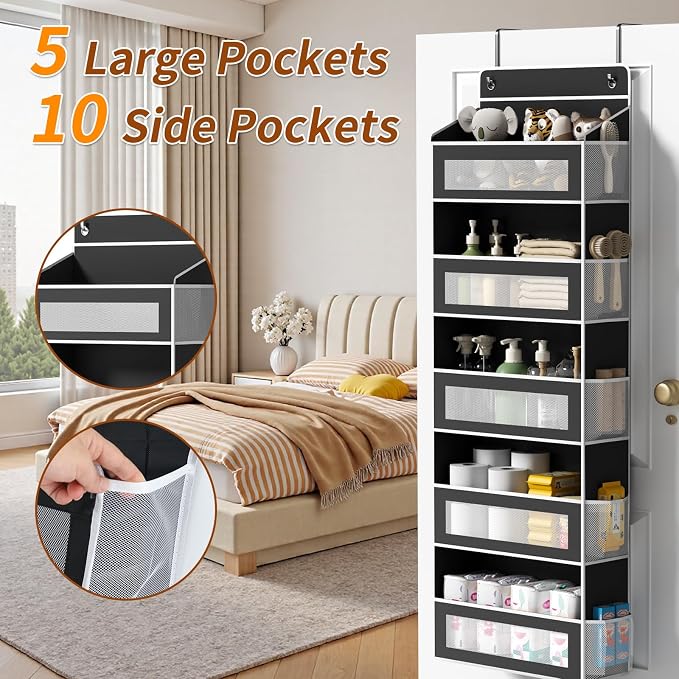 AQOOA 5-Tier Over The Door Organizer 44 lbs Capacity fit Standard Doors | Over the Door Storage 5 Large10 Side Pockets Behind Door Storage, Hanging Shelf for Closet Bathroom Bedroom Nursery, Black