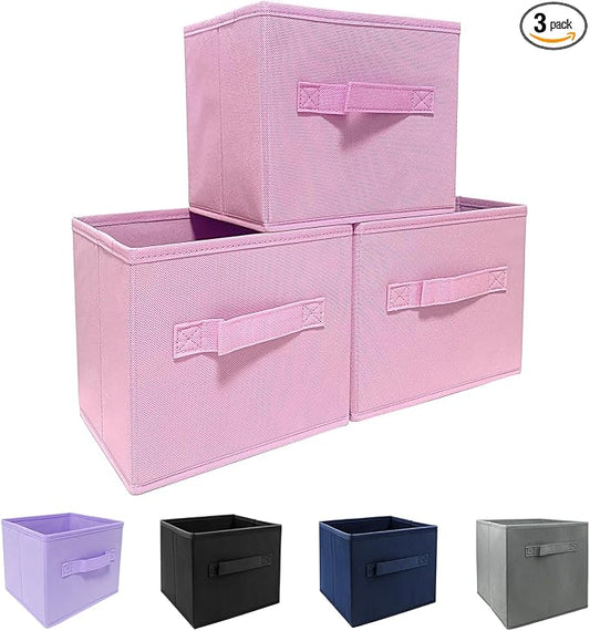 Pink Storage Bins 3Pack 9.0"x7.5"x7.5" Fabirc Foldable Closet Toy Organizer Collapsible Cloth