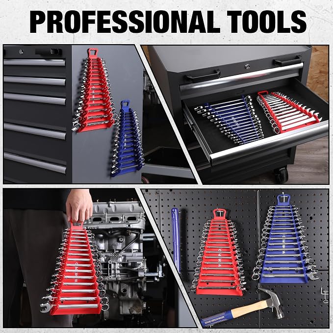 WORKPRO Magnetic Wrench Organizer, 15-Slot Gripper Wrench Holder | 2-Pack Wrench Rack for Tool Box, Fits SAE (1/4" to 1-1/16") and Metric (6mm to 27mm), Flexible Grips, Blue and Red