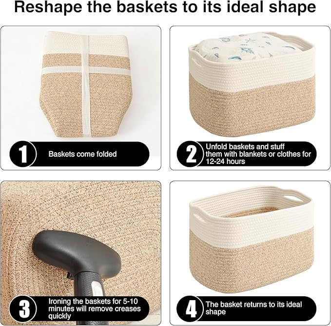 ICERZCZ Storage Baskets for Organizing & Shelves, Woven Cotton Rope Organization Bins for Dog Toys, Clothes, Books, Nursery Organizer, 15"Lx11''Wx9.5''H, (4 Packs) Off White & Brown