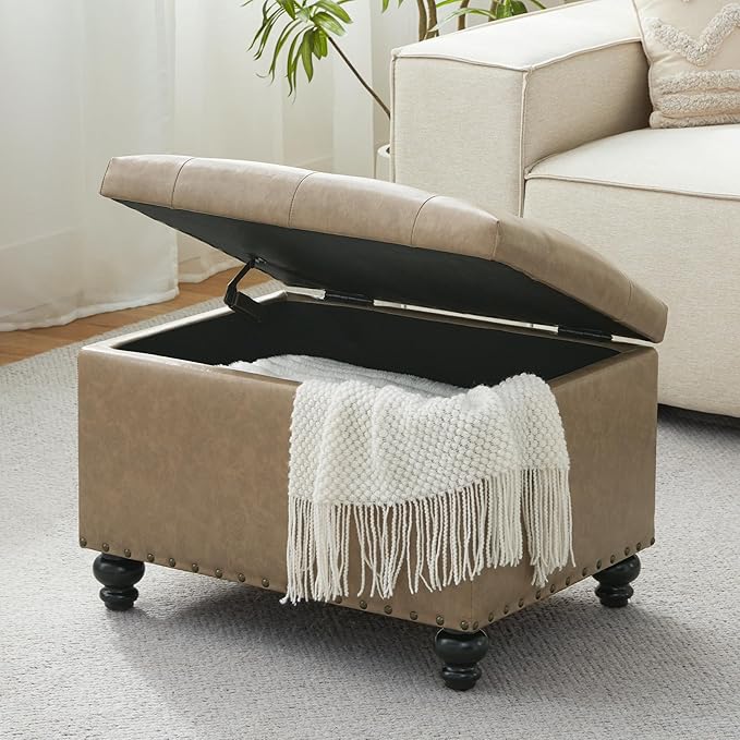 Zihanhome Leather Ottoman with Storage, Upholstered Button Tufted Ottoman Foot Rest, Foot Stools, 24" Rectangle Ottomans with Storage for Living Room, Bedroom, Dorms and Apartments (Taupe Brown-PU)