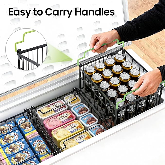 Freezer Organizer Bins, 6 Pack Enlarged Baskets for 5-9 Cu.FT Deep Freezer | Stackable Chest Freezer Organizer Bins, Foldable with Handles, Black Storage Container Baskets for Sort Frozen Meats