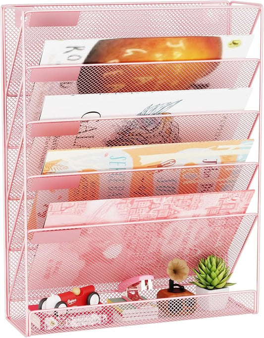 Wall File Organizer Holder Mesh Hanging Paper Document Holder, Vertical 6 Pocket Tier for Office Home, Light Pink