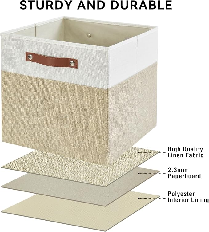Bagnizer Collapsible Fabric Storage Cube Bins with 2 Reinforced PU Handles, Foldable Storage Organizer Baskets for Closet, Shelves, Living Room | 13"x13"x13", 4 Pack, Beige & White
