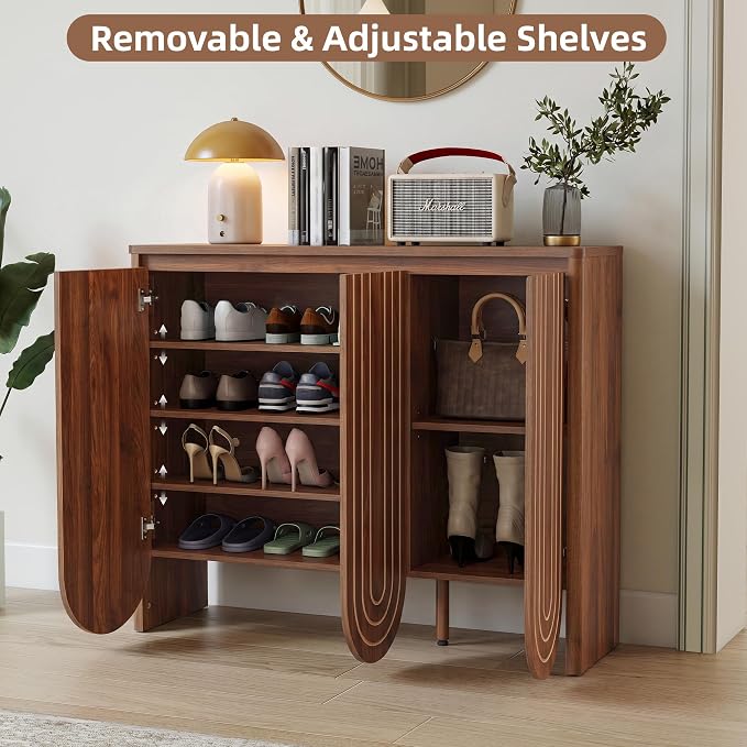 47" Large Shoe Cabinet for Entryway, Shoe Storage Cabinet with Adjustable Shelves, Mid-Century Modern Wooden Shoe Organizer with 3 Arched Doors, Extra Deep Shoe Rack for Sneakers & Boots (Walnut)