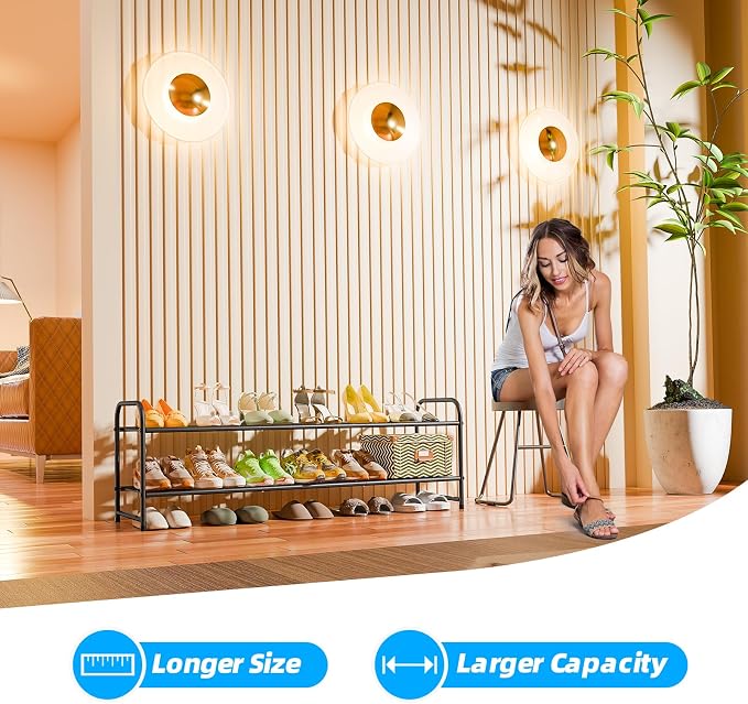 2 Tier Shoe Rack for Closet, 44 Inch Extra Wide Shoe Storage Organizer for Shelves, Heavy Duty Metal, Easy Assembly, Black