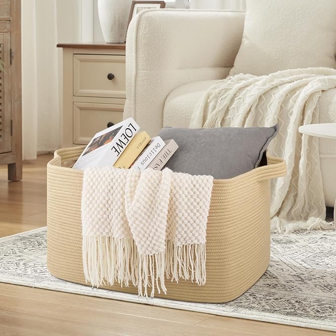 OIASKET 95L Extra Large Blanket Basket, 24" x 16.9" x 14.2" Woven Storage Basket for Living Room, Rectangle Nursery Blanket Storage for Toys, Towels, Dirty Clothes (Jute)
