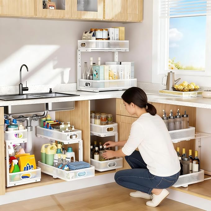 Under Sink Organizer 2 Pack, High Adjustable 2 Tier Under Sink Organizers and Storage, Slide out Metal Cabinet Organizers, Pull out Storage Drawer Shelf for Kitchen Bathroom Cabinet (White)