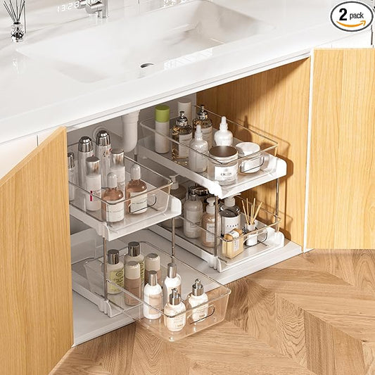 Vtopmart 2 Pack Pull Out Bathroom Under Sink Organizer (S-Standard, White) | Slide-out drawers, Multi-purpose storage, Clear visibility, Easy Set-up
