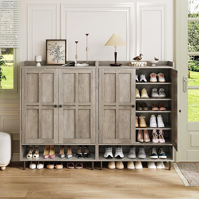 ComfyCorner Grey 7+1 Tier Farmhouse Shoe Storage Cabinet - 45" Tall Entryway Organizer with Cross Molding Doors, 3 Adjustable Shelves & Metal Legs, Shoe Rack for Front Door Entrance