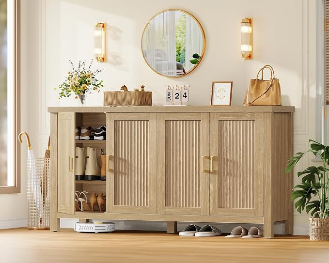 usikey 55" Buffet Cabinet with Storage, Large Sideboard Buffet Cabinet with 4 Adjustable Shelves, Modern Fluted Coffee Bar for Kitchen, Living Room, Natural