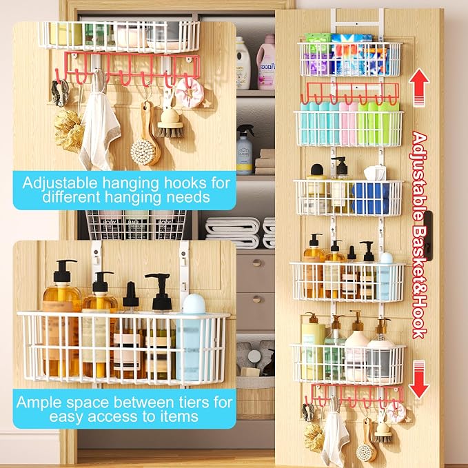 Hongtamoya Over The Door Organizer, Hanging Door Organizer with 5 Metal Baskets, Behind The Door Storage for Pantry Closet Bedroom Bathroom Cabinet Kitchen, White