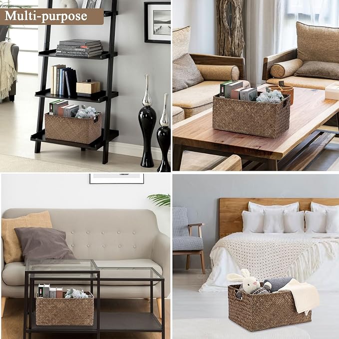 Hipiwe Wicker Storage Baskets Bin for Shelf Rectangular Seagrass Basket | Handwoven Opened Baskets Bin with Handle, Decorative Basket Box for Closet Bedroom Organizer