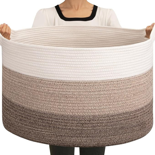 OIAHOMY 90L Extra Large Blanket Basket - Decorative Cotton Rope Storage Basket for Bedroom, Living Room & Nursery - Woven Laundry Hamper for Organizing Blankets, Clothes & Toys - Gradient Brown