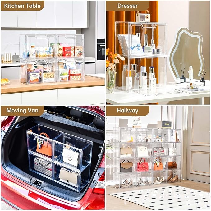 Freebat Stackable Storage Organizers, Clear Acrylic Display Case, 9-Pack Acrylic Boxes with Lids, Clear Storage Containers Storage for Handbags, Collectibles & Figures