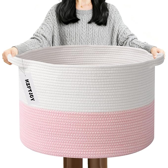 90L Extra Large Pink Woven Cotton Rope Basket with Handles | Kids Nursery Laundry Basket Hamper for Toys, Blankets, Pillows & Comforters, Cute Storage Bin for Bedroom & Playroom