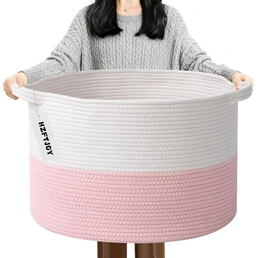 90L Extra Large Pink Woven Cotton Rope Basket with Handles | Kids Nursery Laundry Basket Hamper for Toys, Blankets, Pillows & Comforters, Cute Storage Bin for Bedroom & Playroom
