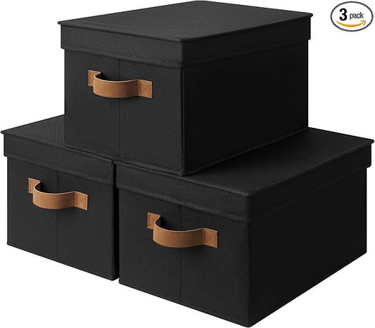 StorageWorks Fabric Storage Bins with Lids, Decorative Storage Bins with PU Handles, Foldable Storage Baskets for Closet, Shelves, Stackable and Sturdy Organization, Black, Large, 3-Pack