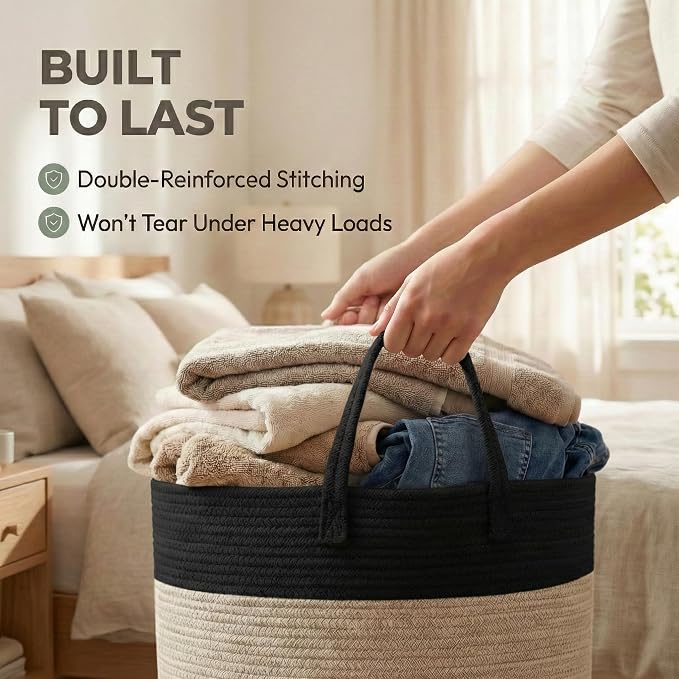 JMvicyroam 115L Extra Large Machine Washable Cotton Rope Blanket Basket | Collapsible laundry hamper, Reinforced handles, For blankets, pillows, toys and clothes, Living room and bedroom, Black&Jute