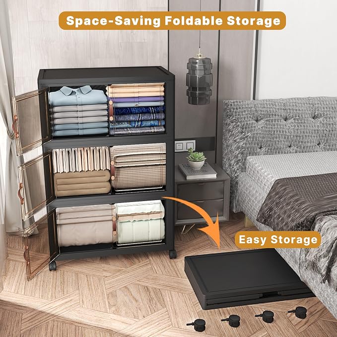 Stackable Storage Bins with Lids, 504QT Closet Organizers and Storage Cabinet with Doors & Wheels, Lockable Plastic Foldable Drawers for Bedroom Dorm Office Garage（168QT*3,Black）