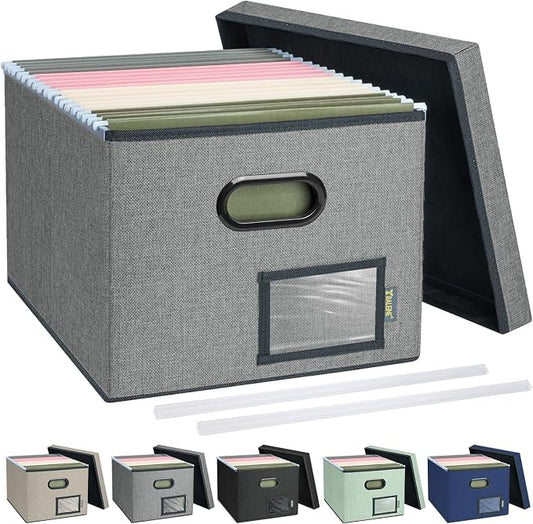 BALEINE File Organizer Box with Lid, Collapsible File Folder Organizer with Plastic Slide, Filing Box for Office Home Document Organizer Storage (Gray, 1PK)