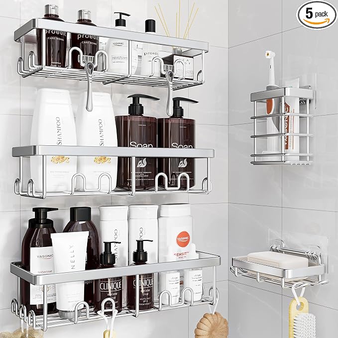 YASONIC Shower Caddy Adhesive, 100% Rustproof Shower Organizer with Soap and Toothbrush Holder, Large Capacity Shower Shelves for Inside Shower, No Drill Shower Storage for Home (5 Pack Silver)